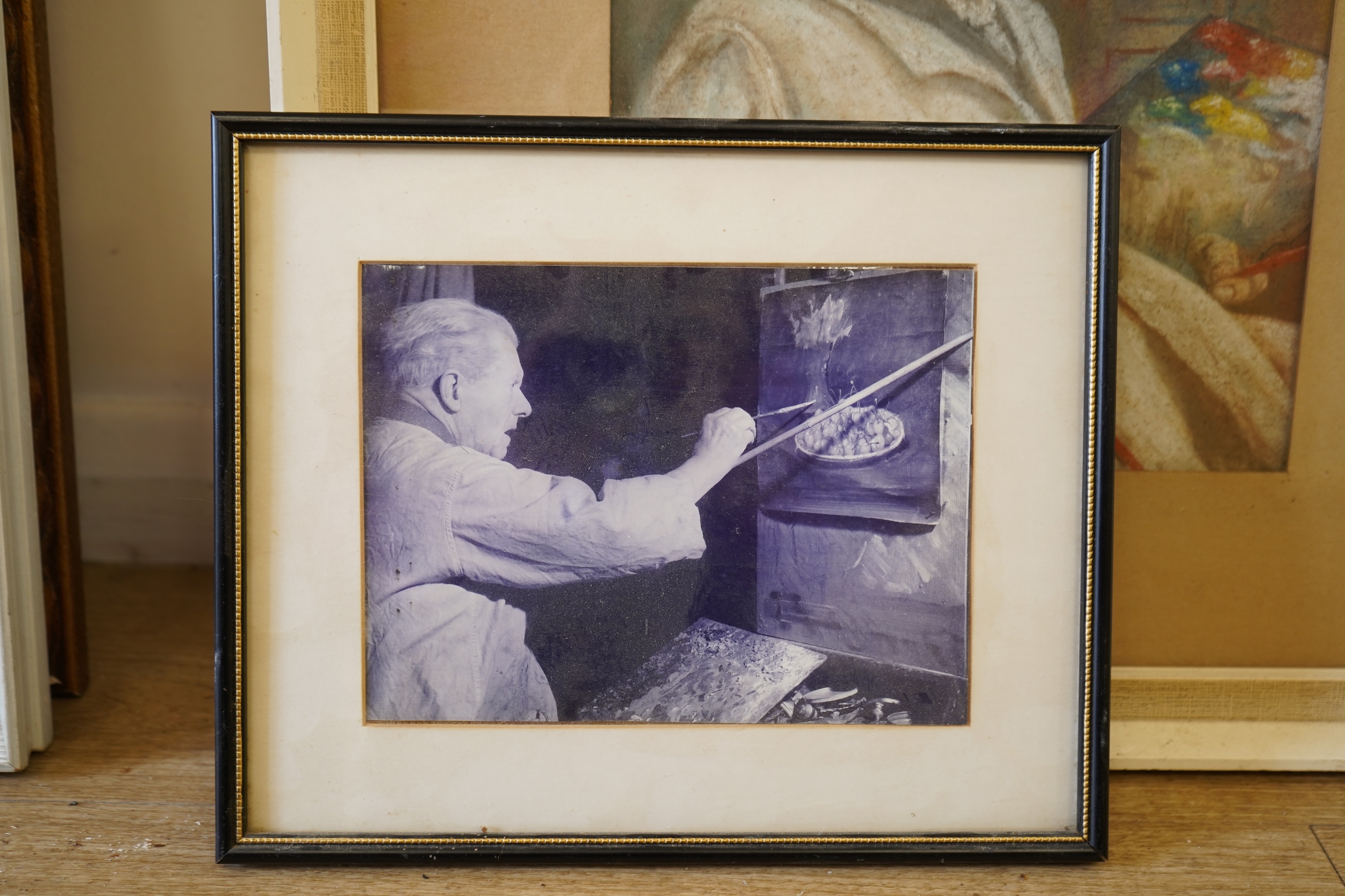 Richard Crossley (20th. C), Portrait of Arthur Spooner, ‘Remember that', signed and dated March 1962, Museum and Art Gallery of Nottingham inscribed label verso, pastel, together with photograph of the sitter at work, 30